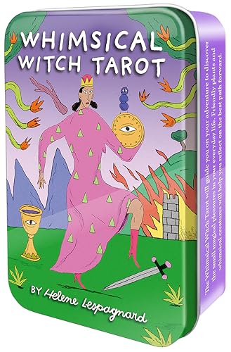 Colorful tin containing a tarot deck with whimsical witch illustration.