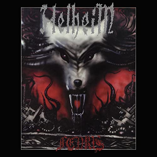 Helheim album cover: wolf’s face with dark, swirling, thorny background.