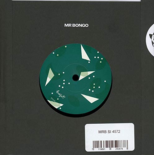 Green vinyl record with white shapes, barcode, and label details.
