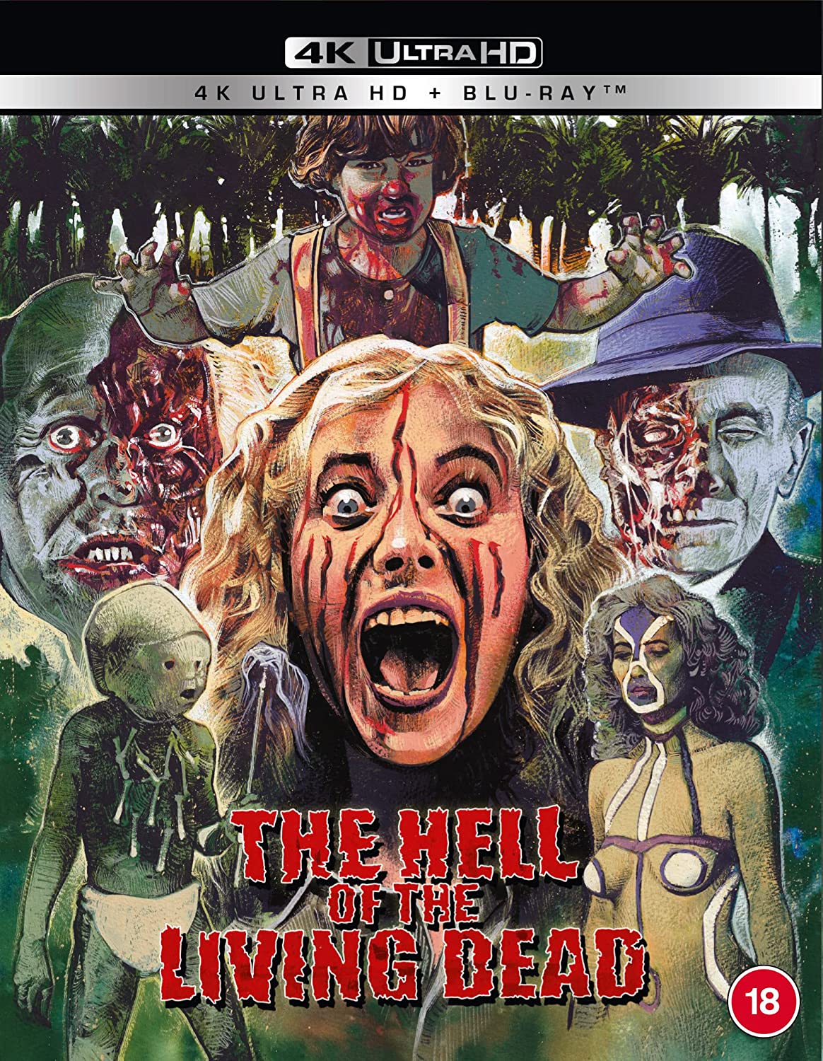 "Blu-ray cover art featuring a screaming woman surrounded by zombies and gore."