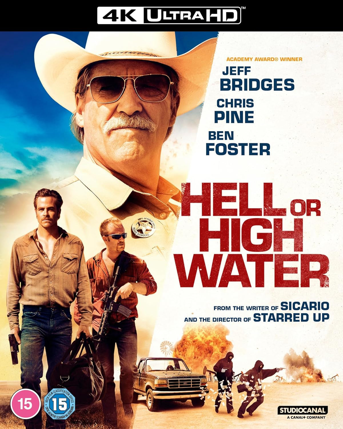 Blu-ray cover for "Hell or High Water" featuring Jeff Bridges and Chris Pine.