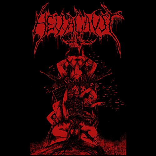Red album cover with distorted, graphic imagery of figures and symbols.