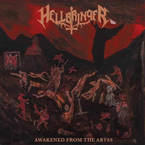 Dark fantasy album cover with red tones, figures, and the title "Hellbringer".