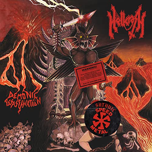 A winged demon with a knife stands before a volcano with skulls and lava.