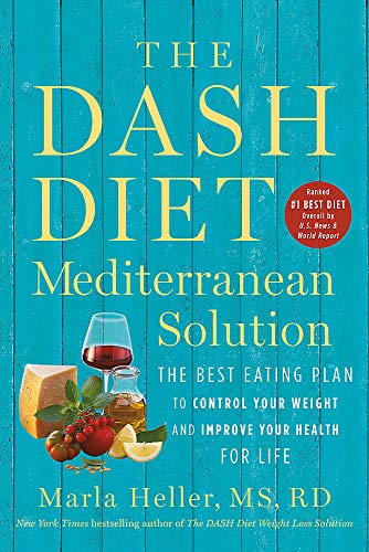 Book cover for "The DASH Diet Mediterranean Solution" with food imagery.