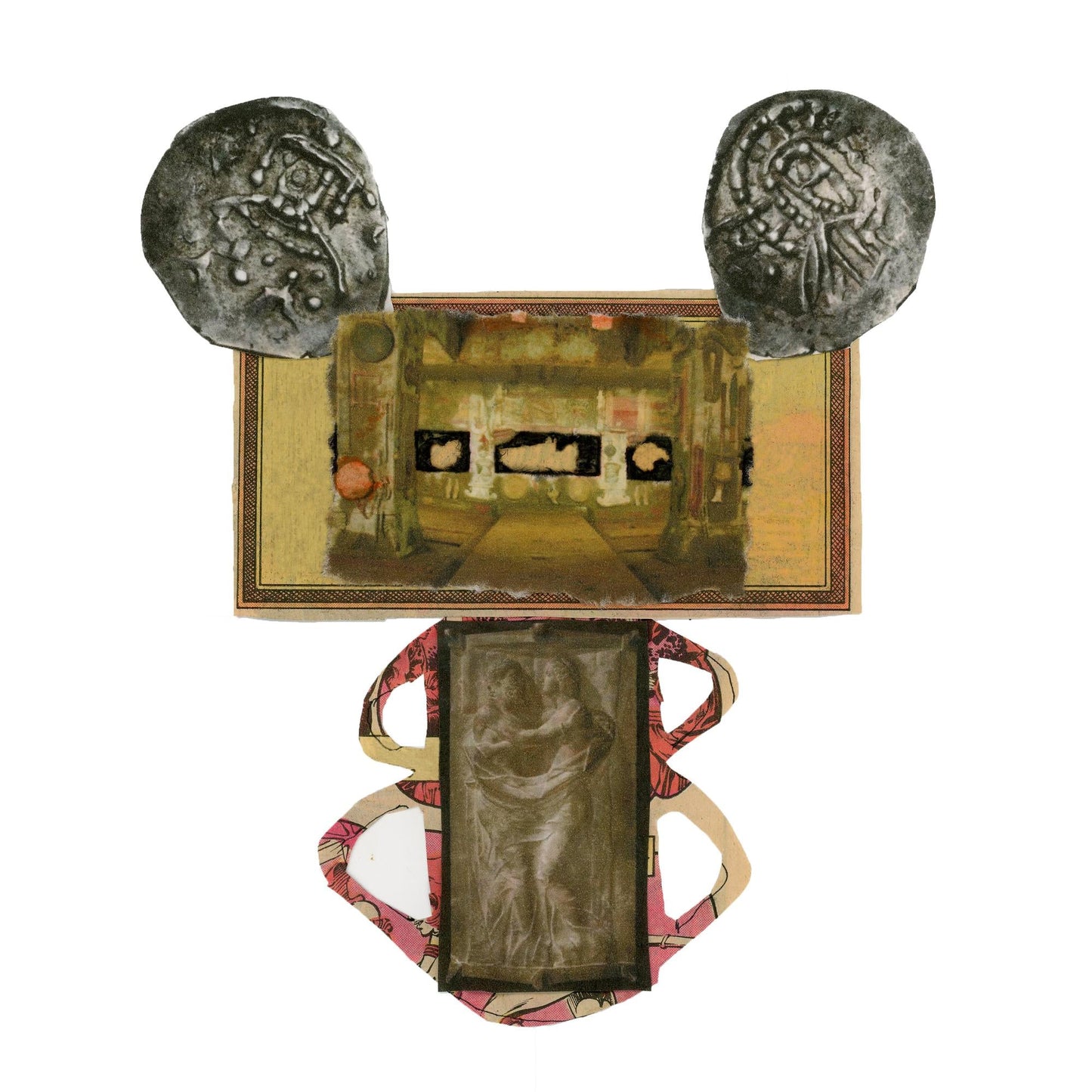 Collage art featuring two coin-like shapes atop a rectangular building image and figure cutout.