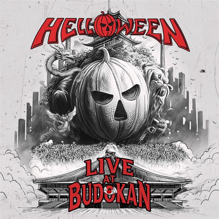 Helloween album cover: pumpkin, dragons, and a crowd with Japanese cityscape.