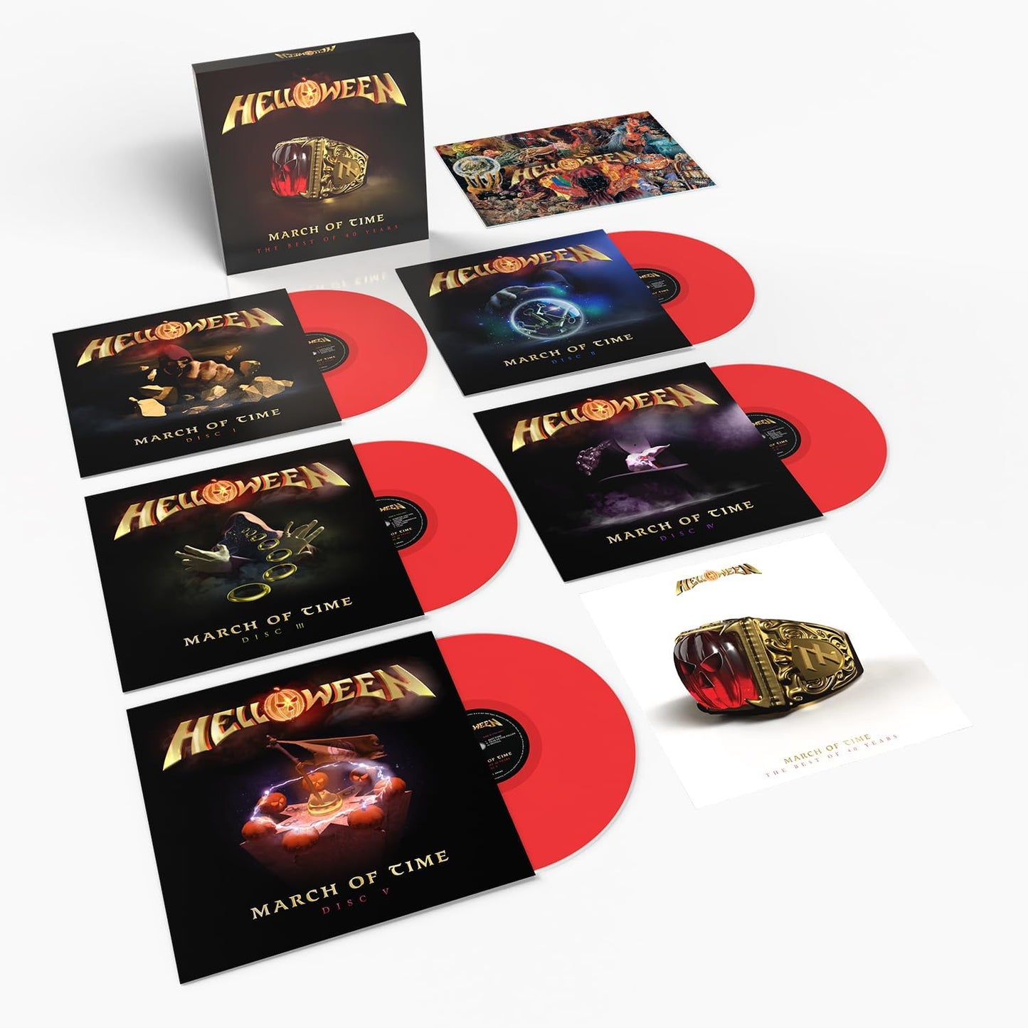 Helloween's "March of Time" vinyl box set with five colorful LPs.