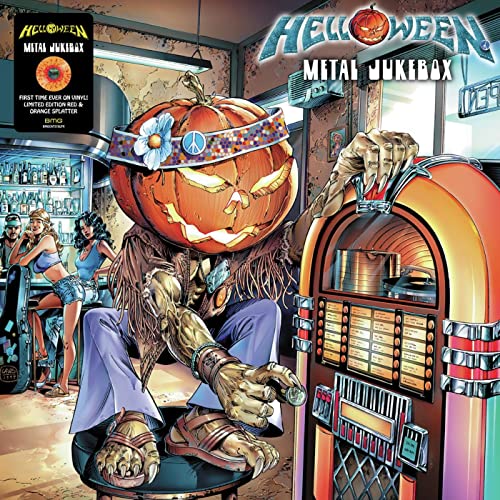 A pumpkin-headed figure wearing a headband selects a song on a vintage jukebox.