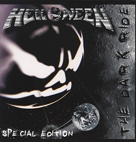 Helloween album cover: dark space scene with Earth and stylized skull.