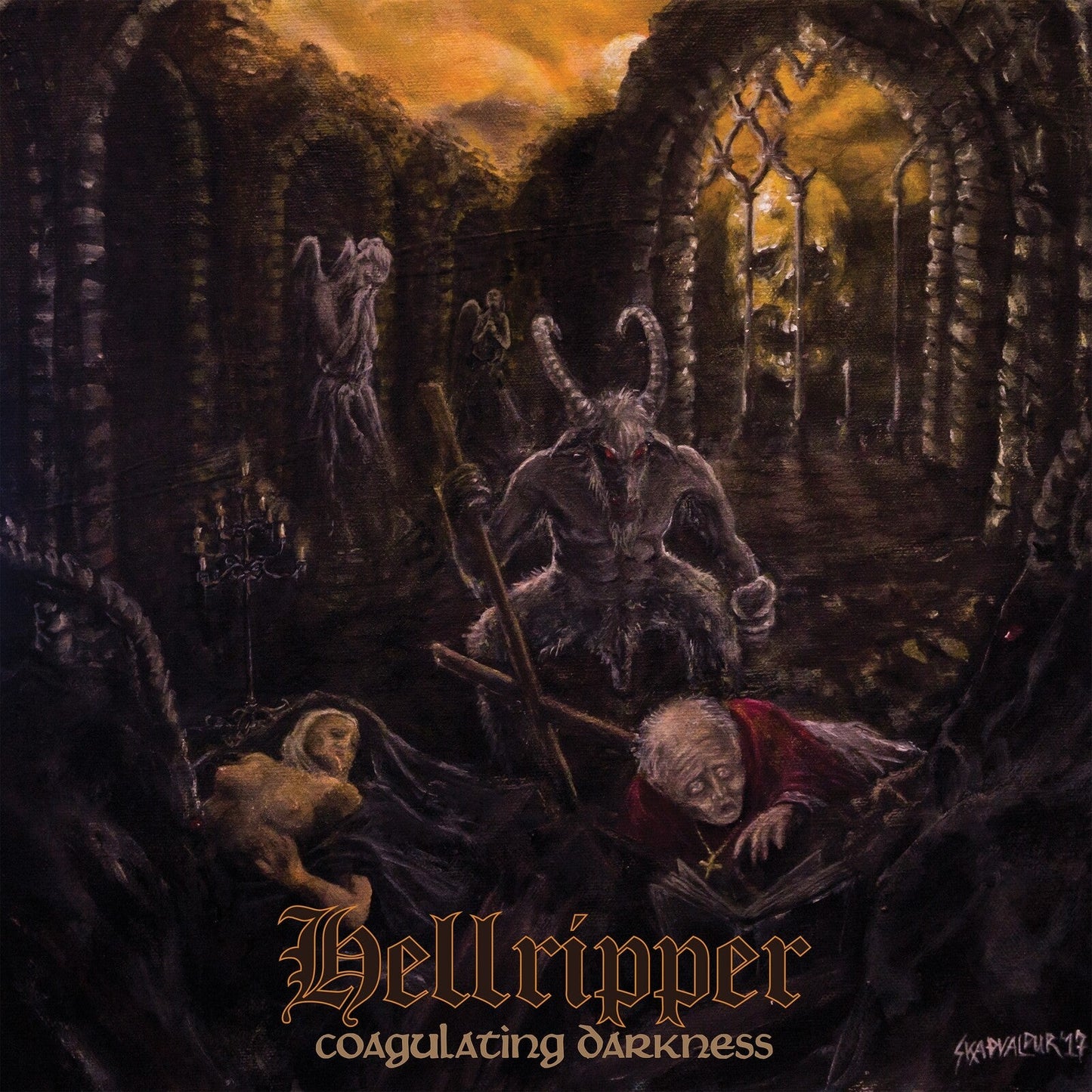 A horned demon stands in a dark, ruined cathedral near a fallen figure.