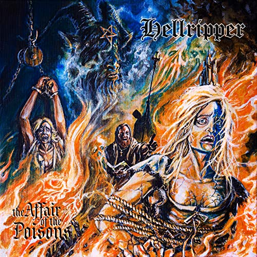 Painted album cover with figures in flames, demonic imagery, and chains.