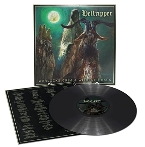 Hellripper vinyl record with illustrated cover art featuring a cloaked figure and a goat.