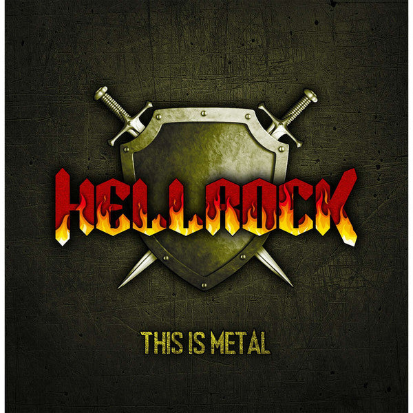 Hellrock album cover with flaming text, crossed swords, and shield.