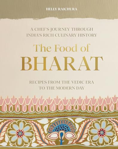 Book cover: "The Food of Bharat" with ornate floral and peacock designs.