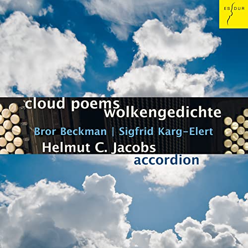CD cover with accordion buttons against a blue sky with clouds.