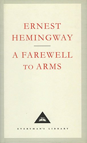 Book cover with red text on cream background, reading Ernest Hemingway A Farewell To Arms.