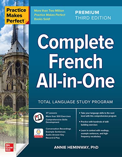Book cover for Practice Makes Perfect Complete French All-in-One featuring a French cathedral image.