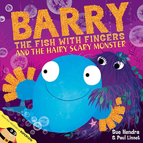 Blue fish with orange fingers facing a purple, hairy monster.