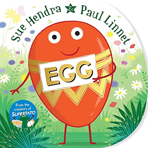 Cartoon egg character with arms and legs, surrounded by flowers.