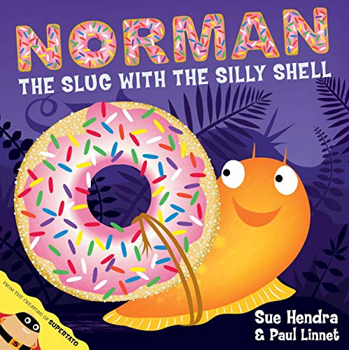 An orange slug wearing a donut as a shell on a dark purple background.