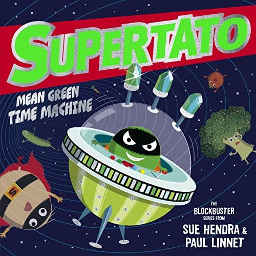 Supertato in a green spaceship flying through space with other vegetable characters.