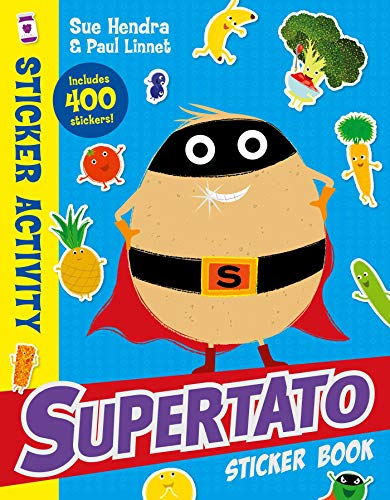 Supertato sticker book cover featuring a potato superhero surrounded by various vegetable character stickers.