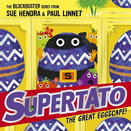 A masked egg character stands in a yellow box surrounded by other small vegetables.