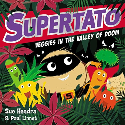 Book cover featuring Supertato and vegetable friends in a jungle setting with dark eyes.