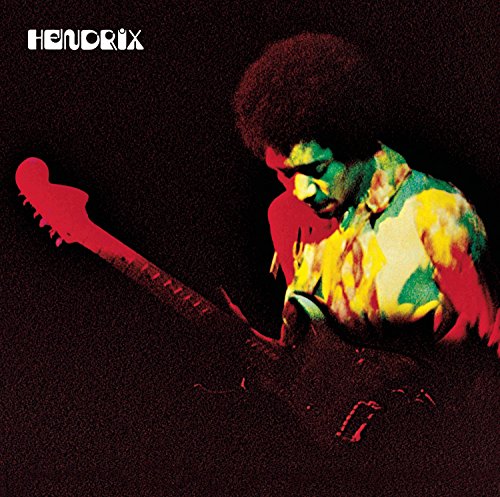 Jimi Hendrix playing a red electric guitar, album cover art.