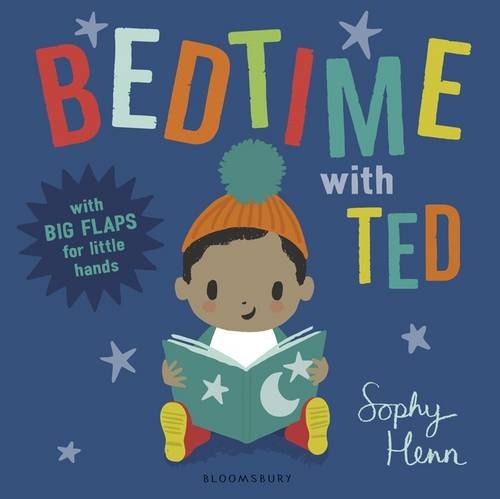 Book cover: a child with a bear reading, stars, and flaps.