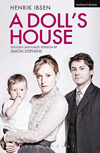 Book cover: man, woman holding child, with title "A Doll's House" in large pink text.