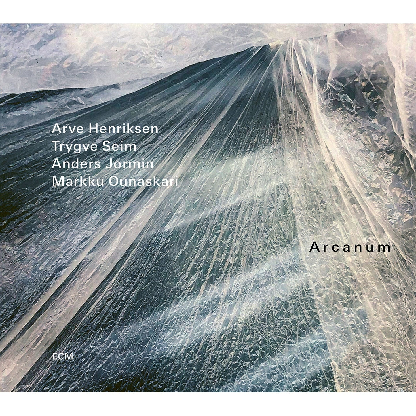 CD cover for "Arcanum" by Henriksen/Seim/Jormin, featuring abstract icy landscape.