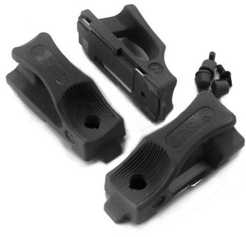 Black gun sights with textured grips and mounting hardware displayed.