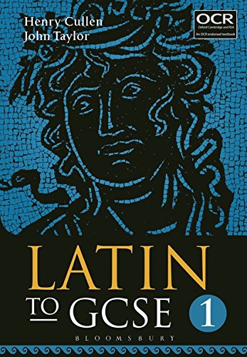 Book cover for Latin to GCSE Part 1 featuring a blue mosaic Medusa image.