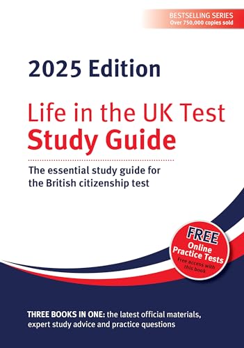 Book cover: "Life in the UK Test Study Guide 2025 Edition" with red and blue accents.