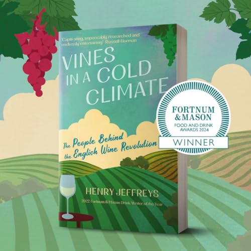 Book cover: “Vines in a Cold Climate” with grapes, vineyards, and award badge.