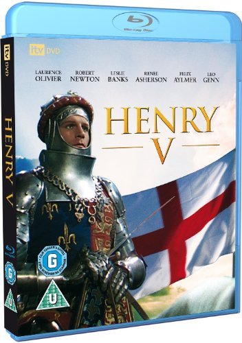 Blu-ray cover for "Henry V" featuring Laurence Olivier in armor.
