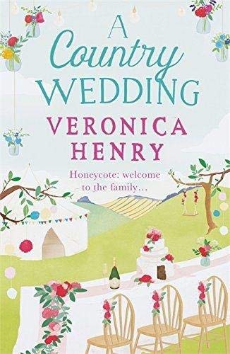 Book cover illustration of a country wedding with a marquee, cake, and floral decorations.