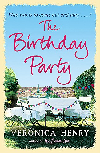 Book cover: “The Birthday Party” with a garden party scene.