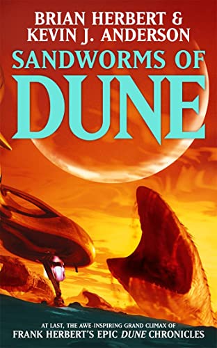 Book cover for "Sandworms of Dune" featuring a sandworm and spacecraft.