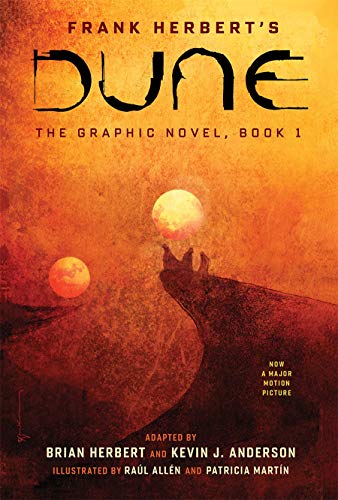 Dune" graphic novel cover with orange desert landscape and two moons.