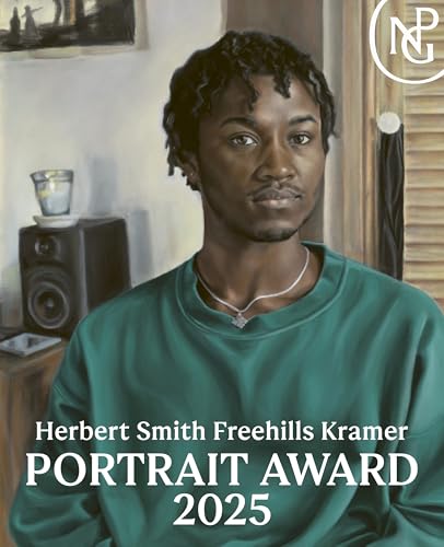 A painted portrait of a young man in a green sweater, with award text below.