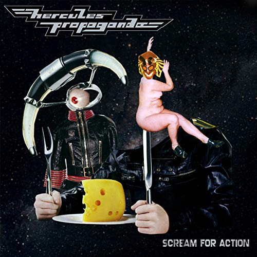 Album cover: robotic figure holding cheese, with masked person on fork.