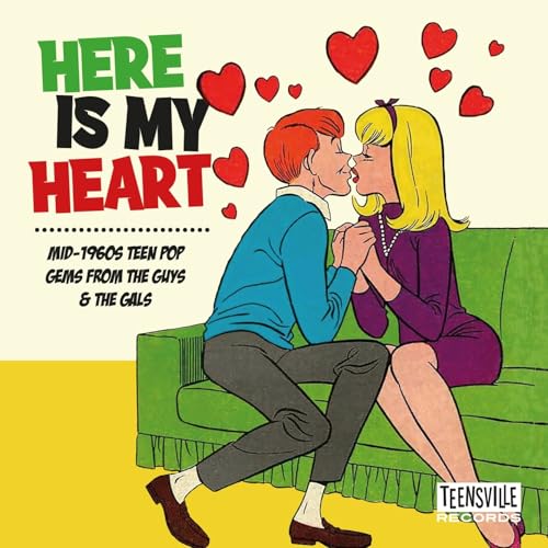 CD cover: cartoon couple kissing on a green couch, hearts above.