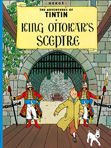 Tintin and Snowy run past two palace guards at a stone castle entrance.
