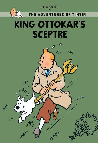 Tintin running with a golden sceptre, accompanied by his dog Snowy, on a green background.
