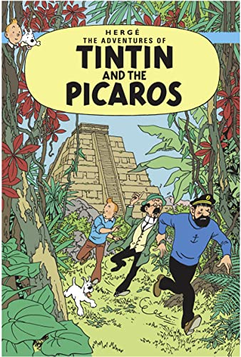 Tintin, Snowy, and Captain Haddock running through a jungle towards a pyramid.