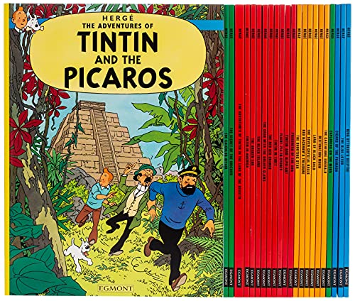 23 Tintin paperback books in a colorful slipcase, featuring cover art.