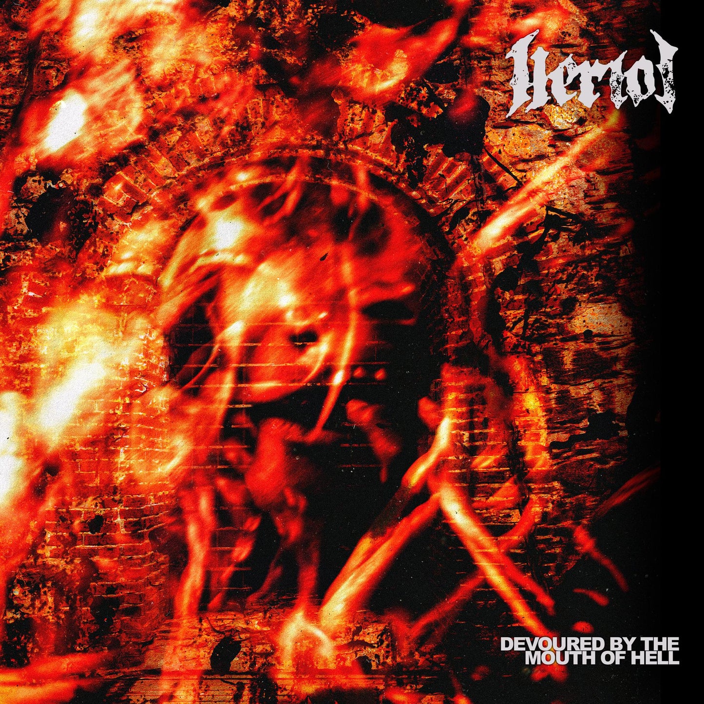 CD cover with a fiery, distorted face and band name "Heriot".